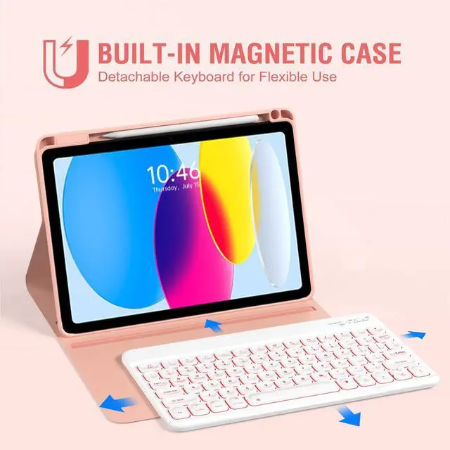 Alt view image 4 of 5 - OYEEICE for iPad 11th 10th Generation Case with Keyboard - Upgraded 360 Magnetic Detachable Cover with Backlit Keyboard, Pencil Holder for iPad 11-inch A16 2025 10th Gen 10.9 inch - Pink