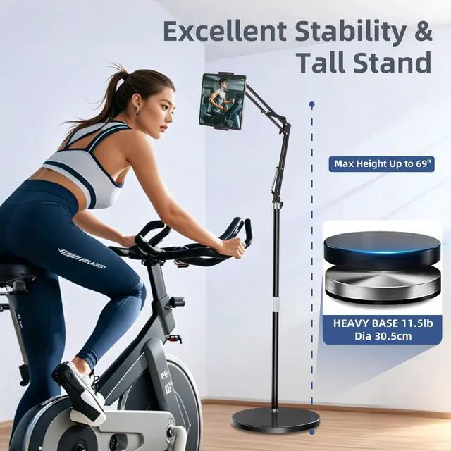 Alt view image 2 of 5 - Tablet Floor Stand with 11.5b Stable Base Overhead Bed Ipad Phone Stand Holder Mount with Adjustable Height Stretchable Arm for 4.5-13in iPad Pro Air Mini 12.9/9.7, Kindle, Galaxy Tab, CellPhones