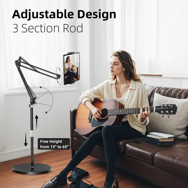 Alt view image 5 of 5 - Tablet Floor Stand with 11.5b Stable Base Overhead Bed Ipad Phone Stand Holder Mount with Adjustable Height Stretchable Arm for 4.5-13in iPad Pro Air Mini 12.9/9.7, Kindle, Galaxy Tab, CellPhones