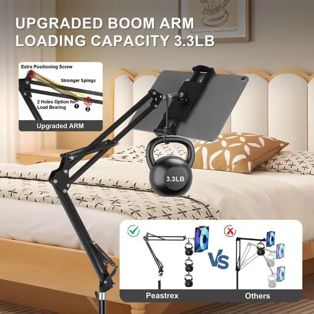 Alt view image 3 of 5 - Tablet Floor Stand with 11.5b Stable Base Overhead Bed Ipad Phone Stand Holder Mount with Adjustable Height Stretchable Arm for 4.5-13in iPad Pro Air Mini 12.9/9.7, Kindle, Galaxy Tab, CellPhones