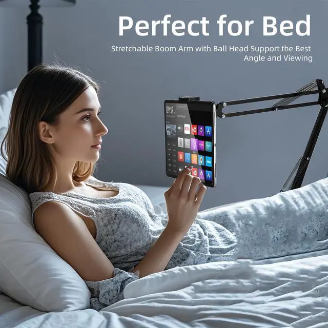 Alt view image 4 of 5 - Tablet Floor Stand with 11.5b Stable Base Overhead Bed Ipad Phone Stand Holder Mount with Adjustable Height Stretchable Arm for 4.5-13in iPad Pro Air Mini 12.9/9.7, Kindle, Galaxy Tab, CellPhones