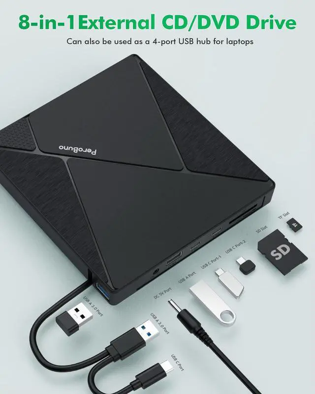 Alt view image 2 of 5 - PeroBuno External CD DVD Drive, USB 3.0 Optical Disc Drive, 4 USB Ports and 2 TF/SD Card Slots, CD DVD Burner Writer Reader Player for Laptop MacBook iMac Desktop PC Windows 11/10/8/7/XP Linux Mac OS