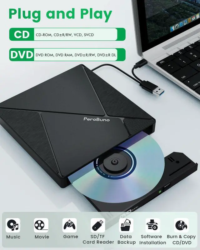 Alt view image 3 of 5 - PeroBuno External CD DVD Drive, USB 3.0 Optical Disc Drive, 4 USB Ports and 2 TF/SD Card Slots, CD DVD Burner Writer Reader Player for Laptop MacBook iMac Desktop PC Windows 11/10/8/7/XP Linux Mac OS