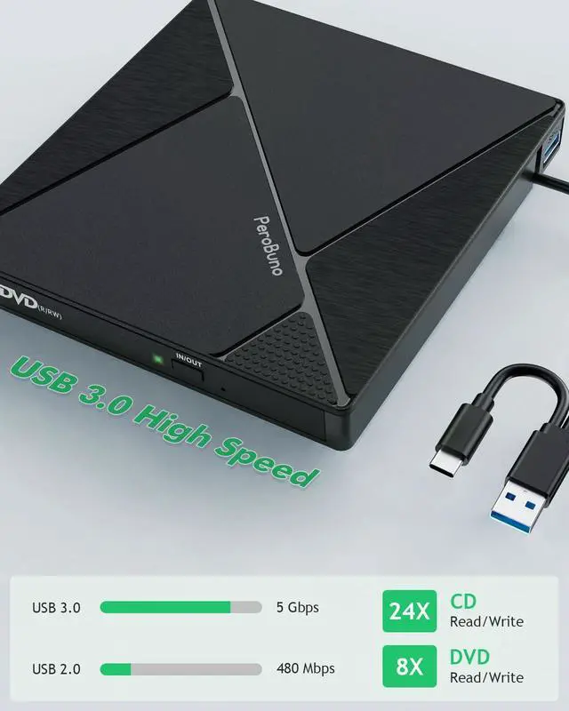 Alt view image 4 of 5 - PeroBuno External CD DVD Drive, USB 3.0 Optical Disc Drive, 4 USB Ports and 2 TF/SD Card Slots, CD DVD Burner Writer Reader Player for Laptop MacBook iMac Desktop PC Windows 11/10/8/7/XP Linux Mac OS