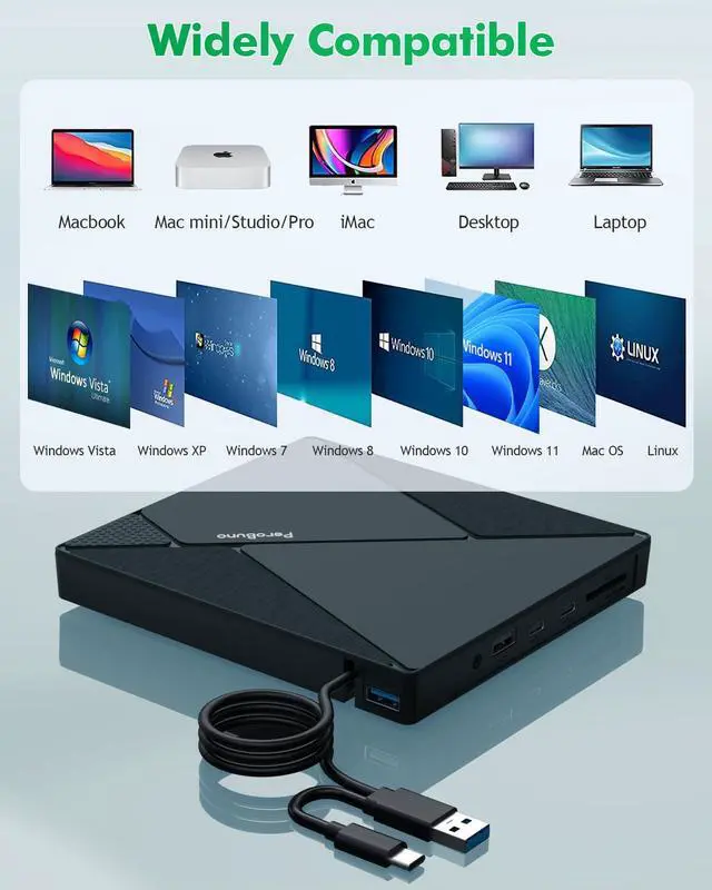 Alt view image 5 of 5 - PeroBuno External CD DVD Drive, USB 3.0 Optical Disc Drive, 4 USB Ports and 2 TF/SD Card Slots, CD DVD Burner Writer Reader Player for Laptop MacBook iMac Desktop PC Windows 11/10/8/7/XP Linux Mac OS