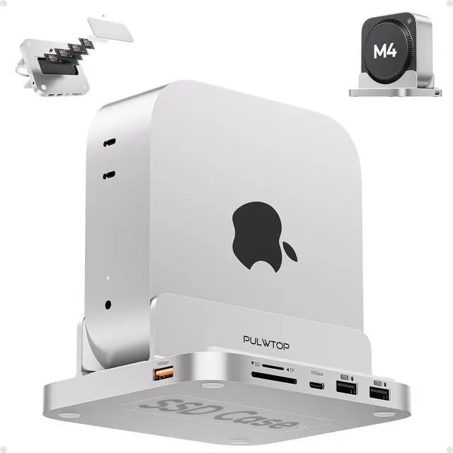 Main image of PULWTOP 8-in-1 Vertical USB-C Hub for Mac Mini M4 Hub with M.2 SSD Enclosure, Aluminum Mac Mini M4 Pro 2024 Dock Stand Accessories with USB A/C 3.2 10Gbps, 2 x USB A 2.0, 3.5mm Audio Mic, SD/TF Slots
