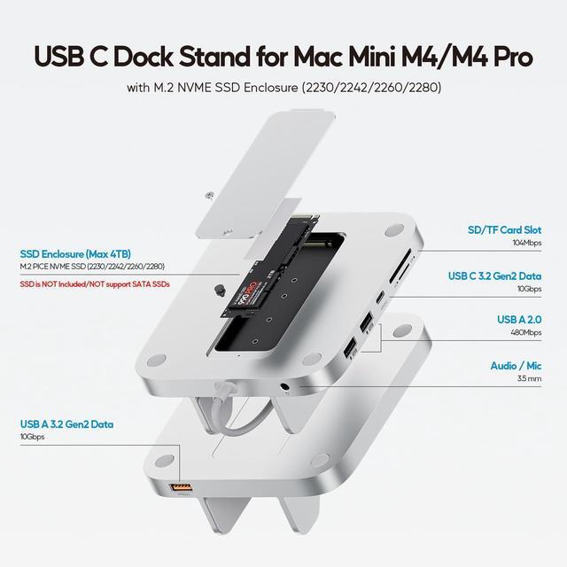 PULWTOP 8-in-1 Vertical USB-C Hub for Mac Mini M4 Hub with M