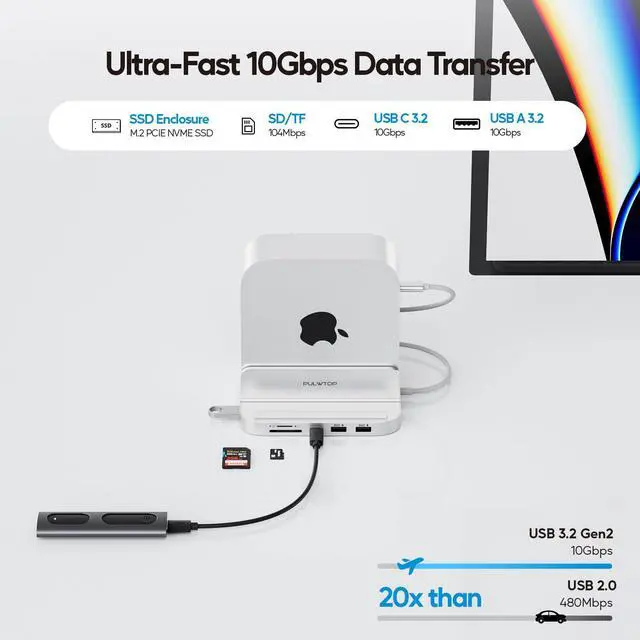 Alt view image 4 of 5 - PULWTOP 8-in-1 Vertical USB-C Hub for Mac Mini M4 Hub with M.2 SSD Enclosure, Aluminum Mac Mini M4 Pro 2024 Dock Stand Accessories with USB A/C 3.2 10Gbps, 2 x USB A 2.0, 3.5mm Audio Mic, SD/TF Slots