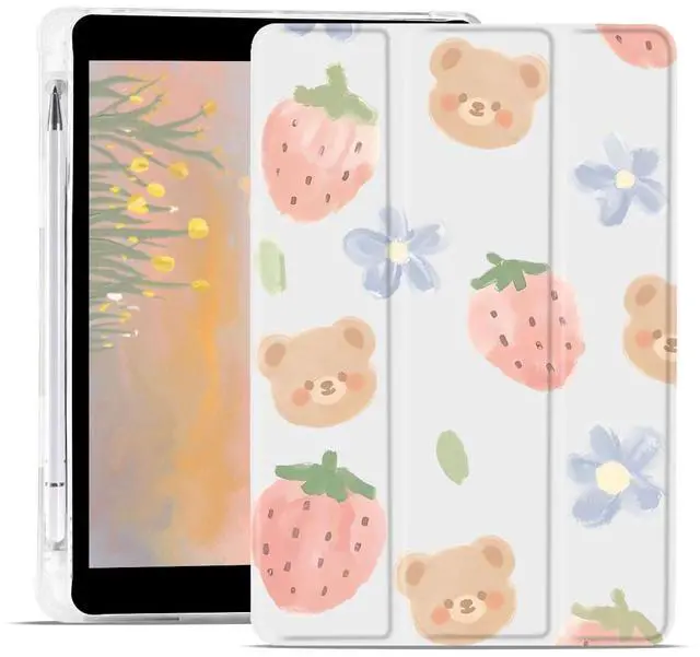 Main image of JOYLAND Cute Bear Case for iPad Pro 12.9 Inch 2022/2021/2020/2018 Clear TPU Back Smart Stand Leather Cover with Pencil Holder for Girl Women Kids Auto Wake/Sleep Foldable Shockproof Protective Case