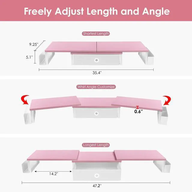 Alt view image 3 of 5 - Dual Monitor Stand Riser With Drawer & Metal Leg, Large Desk Shelf For 2 Monitors w/ Adjustable Length & Angle, Desktop Organizer For Laptop/TV/Printer