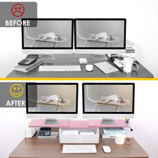 Alt view image 5 of 5 - Dual Monitor Stand Riser With Drawer & Metal Leg, Large Desk Shelf For 2 Monitors w/ Adjustable Length & Angle, Desktop Organizer For Laptop/TV/Printer