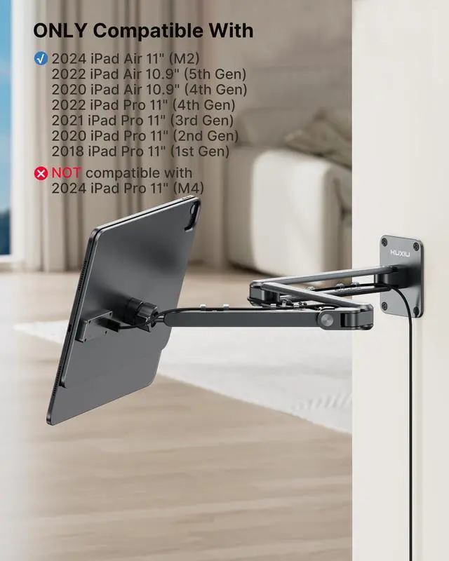 Alt view image 3 of 5 - KU XIU Magnetic Wireless Charging Wall Mount Holder for iPad Pro/Air 11" M2, Aluminum Alloy Adjustable Foldable Tablet Wall Mount Stand for iPad Pro 11" 1st/2nd/3rd/4th, iPad Air 10.9" 4/5th