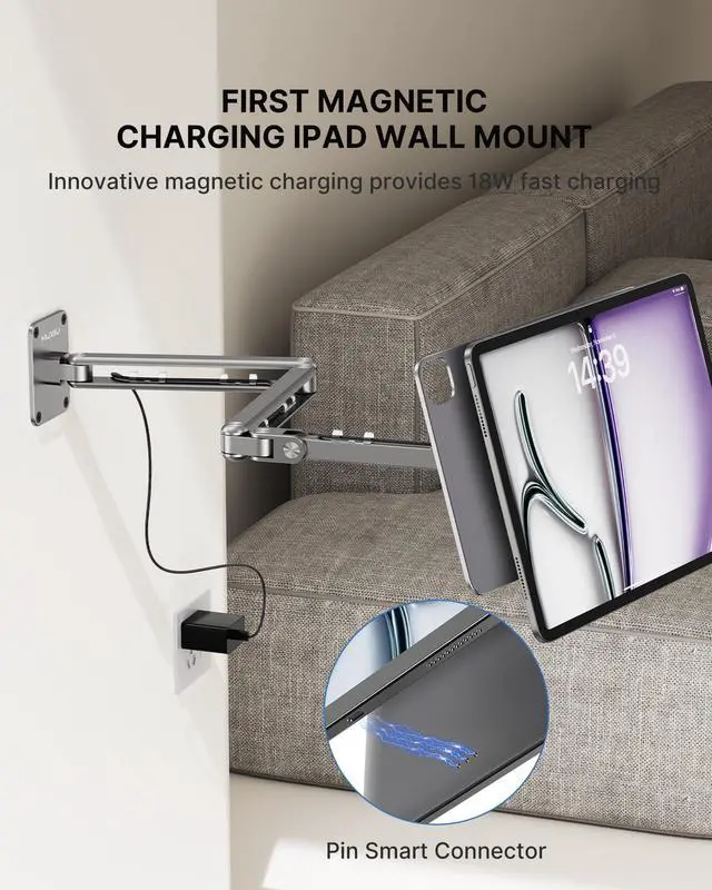 Alt view image 2 of 5 - KU XIU Magnetic Wireless Charging Wall Mount Holder for iPad Pro/Air 11" M2, Aluminum Alloy Adjustable Foldable Tablet Wall Mount Stand for iPad Pro 11" 1st/2nd/3rd/4th, iPad Air 10.9" 4/5th