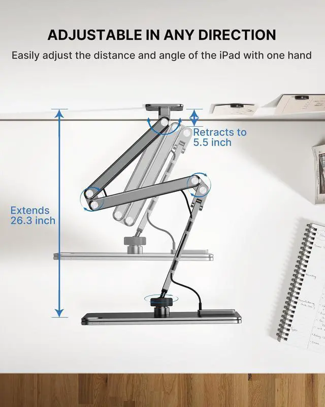 Alt view image 4 of 5 - KU XIU Magnetic Wireless Charging Wall Mount Holder for iPad Pro/Air 11" M2, Aluminum Alloy Adjustable Foldable Tablet Wall Mount Stand for iPad Pro 11" 1st/2nd/3rd/4th, iPad Air 10.9" 4/5th