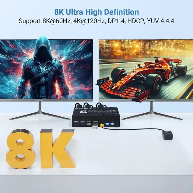 Alt view image 2 of 5 - 8K DP KVM Switch 2 PC 2 Monitor, Dual Monitor KVM with 4 DP and 2 USB Cables, 4K@120Hz 8K@60Hz Displayport 1.4 and USB 3.0