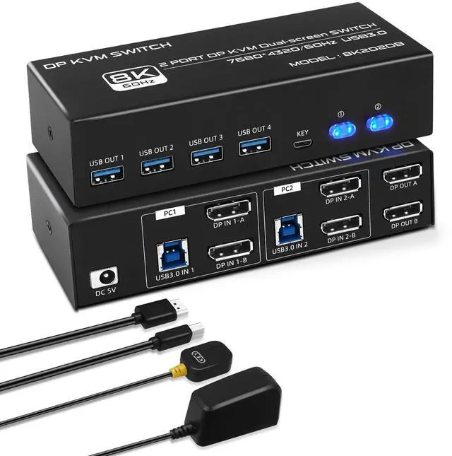 Main image of 8K DP KVM Switch 2 PC 2 Monitor, Dual Monitor KVM with 4 DP and 2 USB Cables, 4K@120Hz 8K@60Hz Displayport 1.4 and USB 3.0