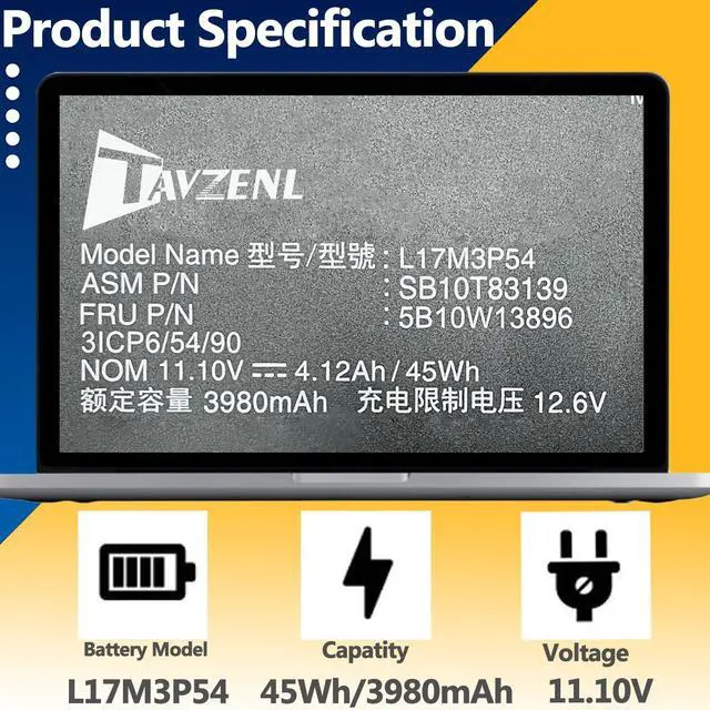 Alt view image 2 of 5 - TAVZENL L17M3P54 45Wh Battery Replacement for Lenovo ThinkPad E490 E590 E595 L14 L15 L480 L580 L590 Series L17L3P52 L17C3P52 L17M3P53 11.1V 4120