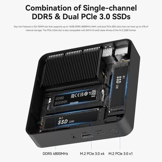 Alt view image 4 of 5 - TRIGKEY Key Mini N150 Mini PC, Intel Twin Lake N150(up to 3.6GHz, 4C/4T), 16GB DDR5 4800MHz RAM 500GB SSD, USB3.2(10Gbps) *4/LAN 2.5Gbps/4K 60Hz Dual Display, WiFi6(Intel AX101)/Bluetooth5.2