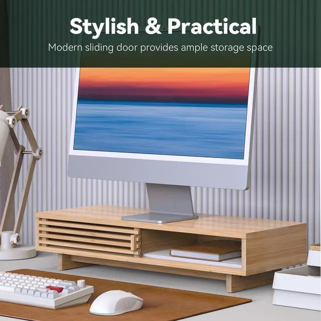 Alt view image 3 of 5 - WELL WENG Monitor Stand Riser with Sliding Door, Computer Laptop Stand Desk Shelf Organizer with Storage (Natural Bamboo, 25 Inch)