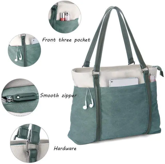 Alt view image 4 of 5 - Wxnow Tote Bag for Women, Canvas Shoulder Bags Large Tote Bag Teacher Work 15.6 Laptop Bags Handbag Purse, Green