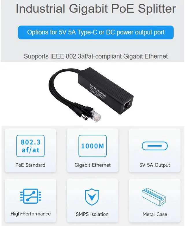 Alt view image 2 of 5 - Industrial Gigabit PoE Splitter with IEEE 802.3af/at-Compliant 10/100/1000Mbps,Power Over Ethernet Splitter Adapter for Raspberry Pi 5 4B 3B+ 3B/Network Camera, 5V 5A 25W Output, DC Port