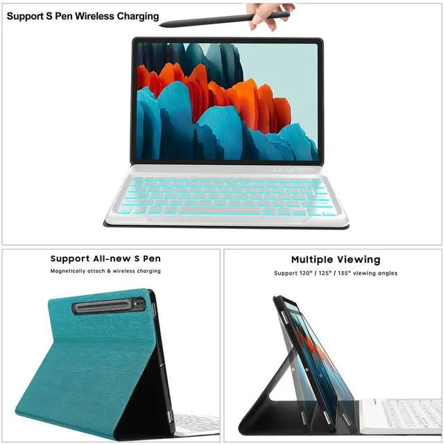 Alt view image 2 of 5 - for Samsung Galaxy Tab S8+/S7 FE/S7 Plus Keyboard Case 12.4 inch -Detachable Bluetooth Backlit Keyboard, Slim Multi-Angle Cover with S Pen Holder for Tablet S8+ 2022/S7 FE 2021/S7 Plus 2020, Turquoise