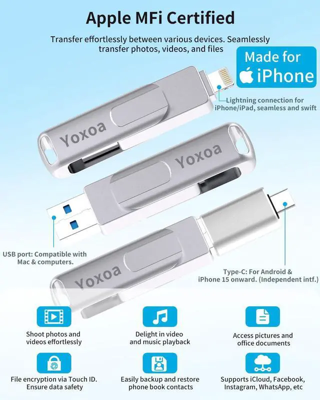 Alt view image 2 of 5 - MFi Certified 256GB Flash Drive for iPhone & iPad, High-Speed Photo Stick for External Memory Storage, Backup & Transfer Files, Thumb Drive Memory Stick for iPhone/iPad/iOS/Android/PC (Silver)