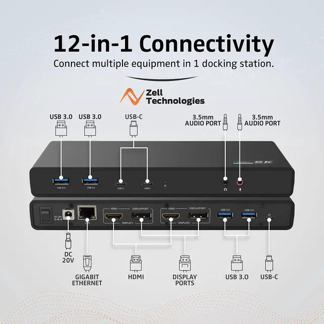 Alt view image 3 of 5 - Zell Technologies USB-C Display Link 12 Port 65W Power Delivery Dual 4K HDMI Docking Station, Supports 5K (5120 x 2880@60Hz), for Thunderbolt 3 or USB-C laptops