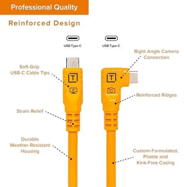 Alt view image 3 of 5 - Tether Tools TetherPro Optima 10G USB Exclusive Data Transfer, 10' (3M) Straight to Right Angle Cable - Orange
