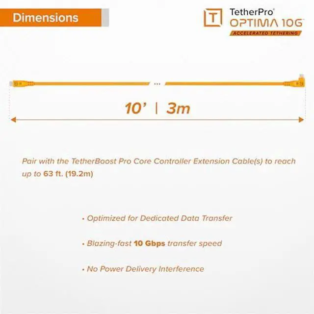 Alt view image 5 of 5 - Tether Tools TetherPro Optima 10G USB Exclusive Data Transfer, 10' (3M) Straight to Right Angle Cable - Orange