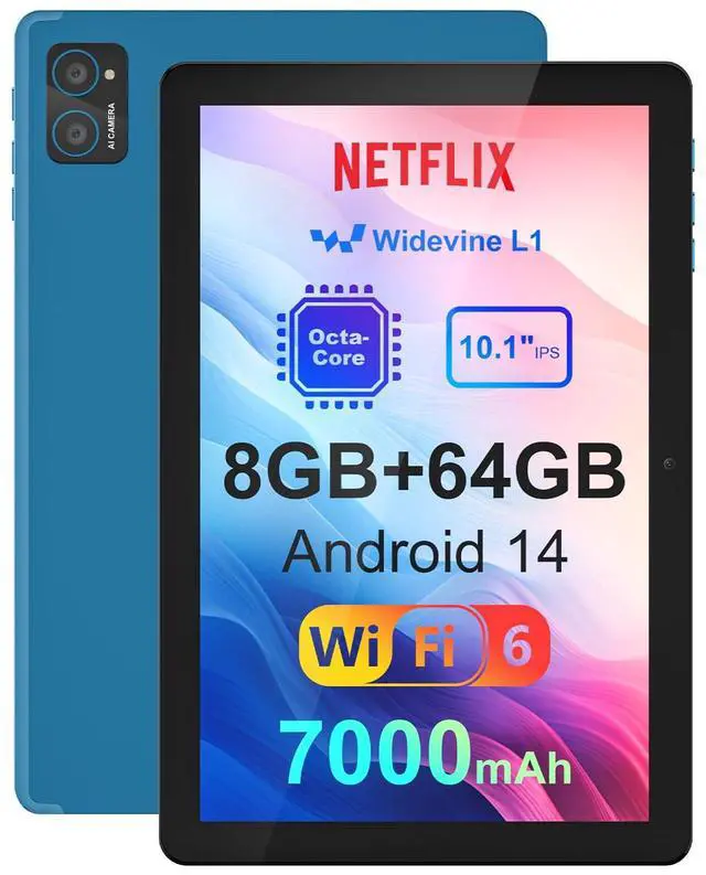 Main image of 10 inch Android 14 Tablet: 8GB+64GB+1TB Expandable, Widevine L1 Netflix Certified, 8-Core CPU A523 Android Tablet, 7000mAh Battery, OTG Face Recognition Metal Body + Stand Case