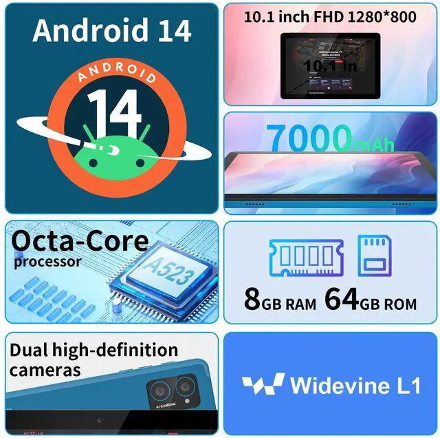 Alt view image 2 of 5 - 10 inch Android 14 Tablet: 8GB+64GB+1TB Expandable, Widevine L1 Netflix Certified, 8-Core CPU A523 Android Tablet, 7000mAh Battery, OTG Face Recognition Metal Body + Stand Case