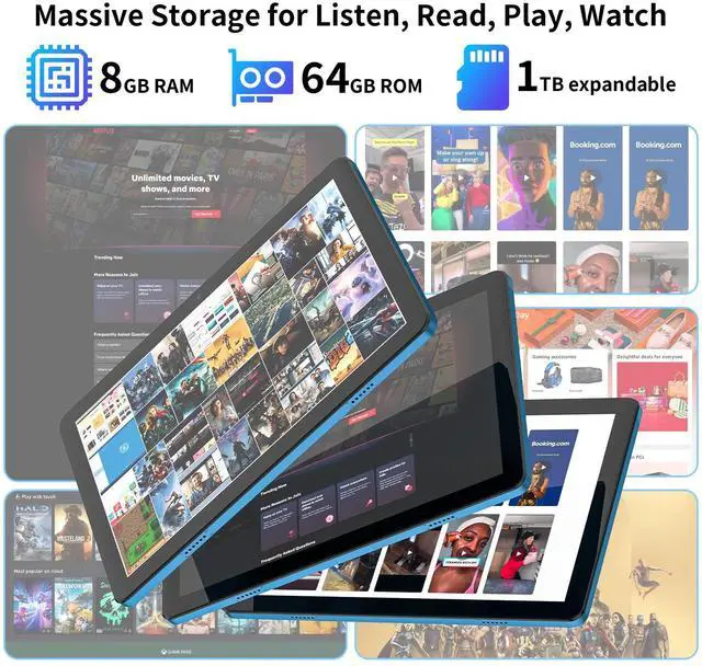 Alt view image 3 of 5 - 10 inch Android 14 Tablet: 8GB+64GB+1TB Expandable, Widevine L1 Netflix Certified, 8-Core CPU A523 Android Tablet, 7000mAh Battery, OTG Face Recognition Metal Body + Stand Case