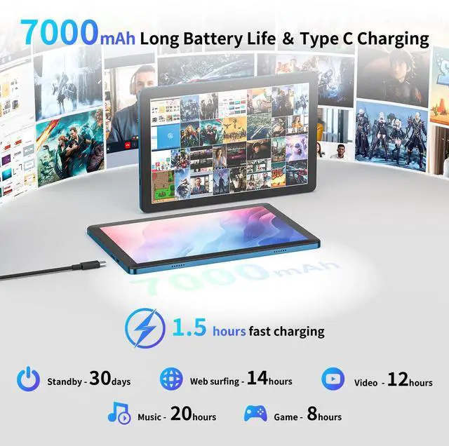 Alt view image 4 of 5 - 10 inch Android 14 Tablet: 8GB+64GB+1TB Expandable, Widevine L1 Netflix Certified, 8-Core CPU A523 Android Tablet, 7000mAh Battery, OTG Face Recognition Metal Body + Stand Case