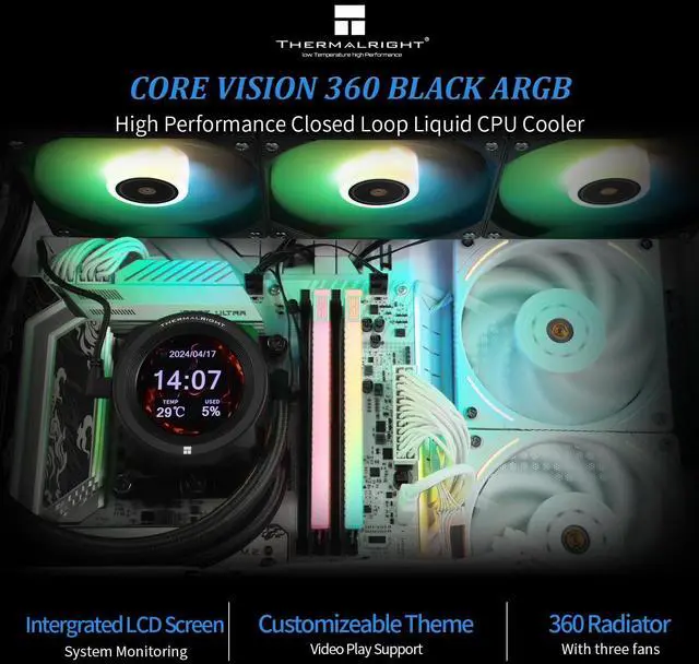 Alt view image 2 of 5 - Thermalright CORE Vision 360 Black ARGB CPU Water Cooler with PWM Fan, 2000RPM Speeds,IPS LCD Screen with 480 * 480 Resolution,Liquid CPU Cooler,for AM5/Intel LGA1851/1700,2.1inch Display Screen
