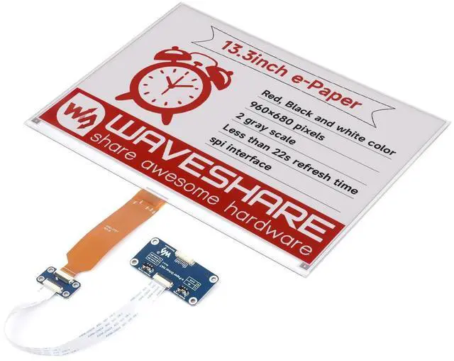 Main image of Waveshare 13.3inch E-Paper Display (B), Compatible with Raspberry Pi 5/4B/3B+/3B/2B/B+/A+/Zero/Zero W/WH/Zero 2W Series Boards,960x680 Pixels, Red/Black/White, E-Ink Display with Driver HAT