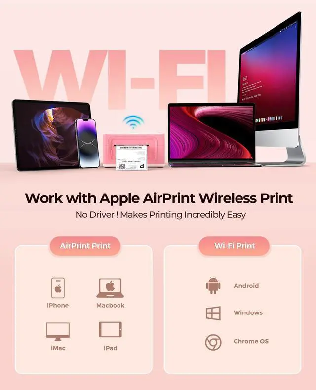 Alt view image 3 of 5 - MUNBYN Wireless Thermal Printer, WiFi AirPrint Shipping Label Printer+Pink Shipping Labels