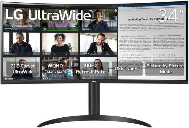 Main image of LG 34WR55QK-B 34-inch UltraWide WQHD (3440 x 1440) Curved Computer Monitor, 100Hz, 5ms, HDR10, Reader Mode, HDMI, DisplayPort, USB Type-C, Tilt/Height Adjustable Stand, Black