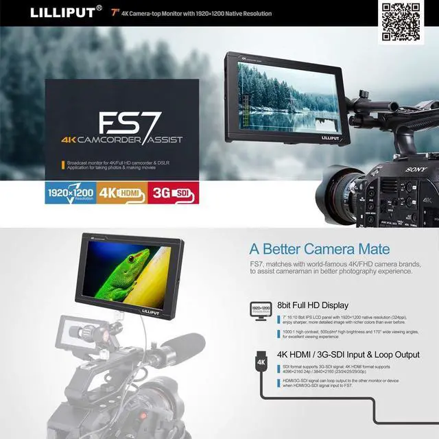 Alt view image 5 of 5 - LILLIPUT FS7 7" Full HD Camera Monitor with 3G-SDI and 4K HDMI Metal Housing High Resolution F970 Plate for Camcorder DSLR