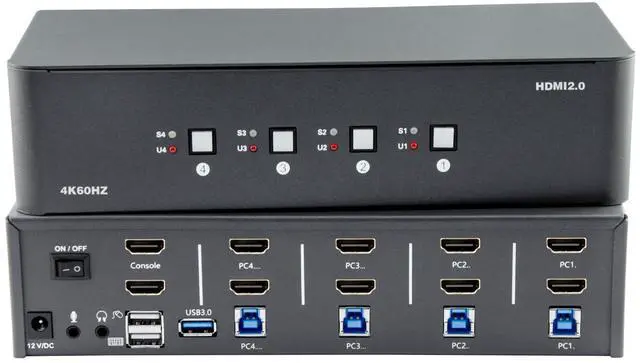 Main image of KVM Switch 2 Monitors 4 Computers,HDMI 4k@60Hz KVM Switch with 4 USB 3.0 Port and 3.5mm Audio,4 Computers Share One Set of Leyboard, Mouse and Monitors,Supports Windows/Mac/Linux, Plug-and-Play