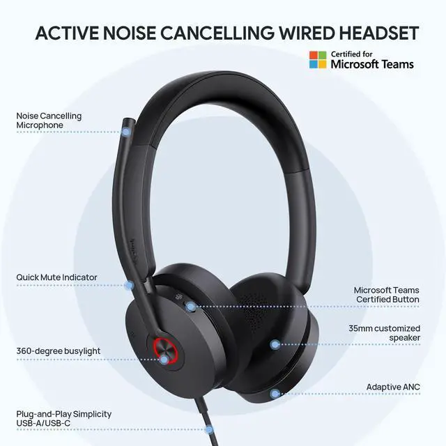 Alt view image 2 of 5 - Yealink UH48 ANC Wired Headset with Microphone, Active Noise Cancelling USB Headphones for PC, MS Teams Certified Works with All Other Call Platforms, USB-A or USB-C Connectivity, Mute Button