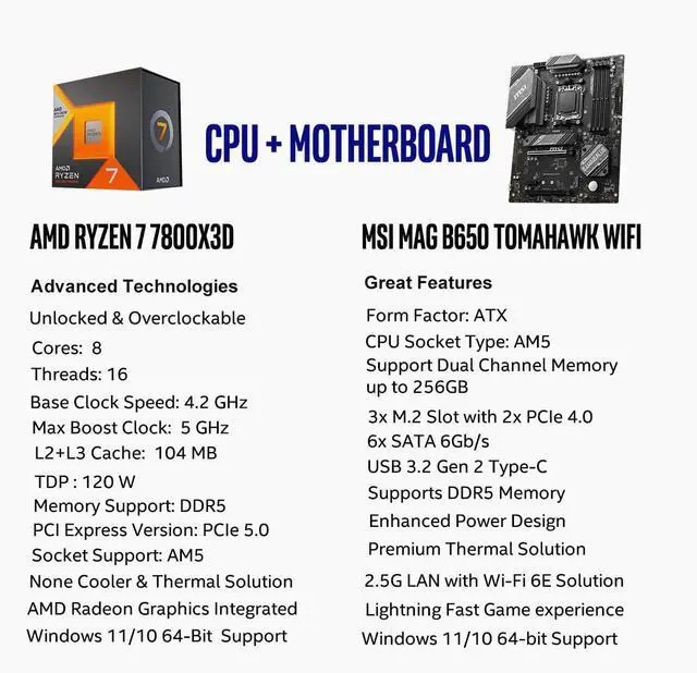 Alt view image 2 of 5 - INLAND Micro Center AMD Ryzen 7 7800X3D 8-Core16-Thread Desktop Processor with MSI MAG B650 Tomahawk WiFi AM5 DDR5 Gaming Motherboard