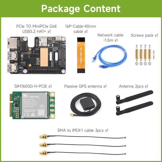 Alt view image 2 of 5 - Waveshare PCIe to MiniPCIe/Gigabit Ethernet/USB 3.2 Gen1 HAT, Compatible with Raspberry Pi 5, Supports MiniPCIe Interface 4G Module, High-Speed Networking, Include SIM7600G-H 4G Module