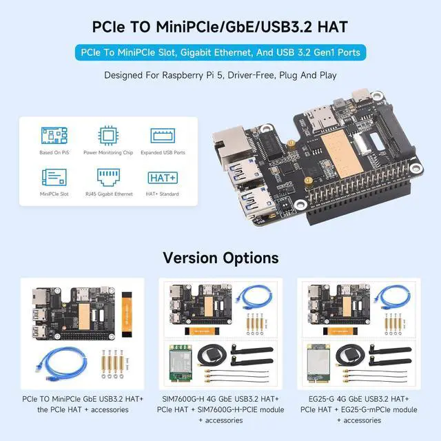 Alt view image 3 of 5 - Waveshare PCIe to MiniPCIe/Gigabit Ethernet/USB 3.2 Gen1 HAT, Compatible with Raspberry Pi 5, Supports MiniPCIe Interface 4G Module, High-Speed Networking, Include SIM7600G-H 4G Module