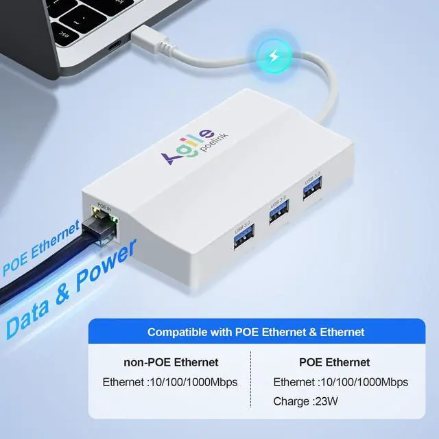 Alt view image 3 of 5 - PoE to USB C Hub, USB-C to Ethernet Multiport Adapter Plug & Play, 5 in 1 (Gigabit Ethernet, 23W Powered by POE 802.3at, 3*USB 3.0) to Type-C Adapter for Smart Phone/Tablet
