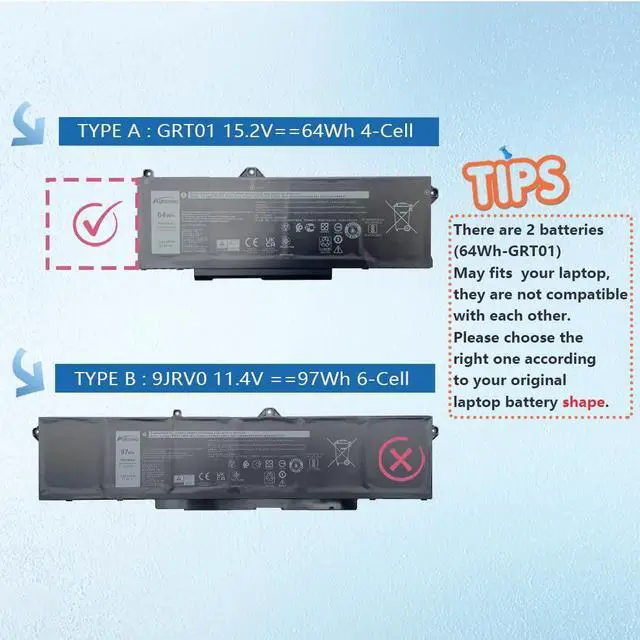 Alt view image 4 of 5 - AURUNHO GRT01 64Wh Laptop Battery Replacement for Dell Precision 3470 3561 3571 3581 3591 Latitude 5521 5531 5421 5431 Series R05P0 0P3TJ 00P3TJ P50E P50E001