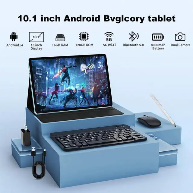 Alt view image 2 of 5 - Android 14 Tablet with Keyboard,16GB RAM 128GB ROM 1TB Expand, 8000mAh Battery, 10.1 inch Tablet with 13MP+8MP Camera/Bluetooth/GPS/WiFi/HD Display (Light Blue)