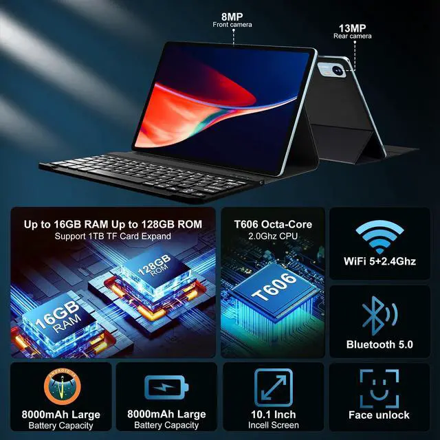 Alt view image 3 of 5 - Android 14 Tablet with Keyboard,16GB RAM 128GB ROM 1TB Expand, 8000mAh Battery, 10.1 inch Tablet with 13MP+8MP Camera/Bluetooth/GPS/WiFi/HD Display (Light Blue)