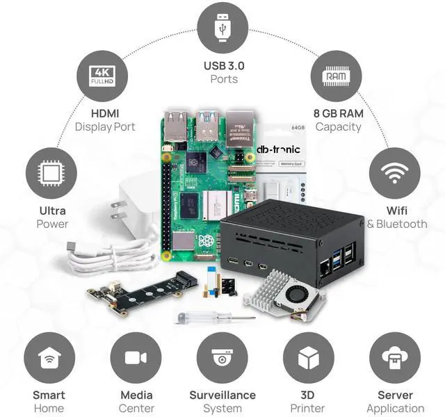 Alt view image 2 of 5 - Raspberry Pi 5 8GB PCIe M.2 NVMe - Set | Metal case | Active Cooler | M.2 NVMe SSD PCIe Board | Official USB-C 27W Power Supply | 64GB Edition | 4K Micro HDMI