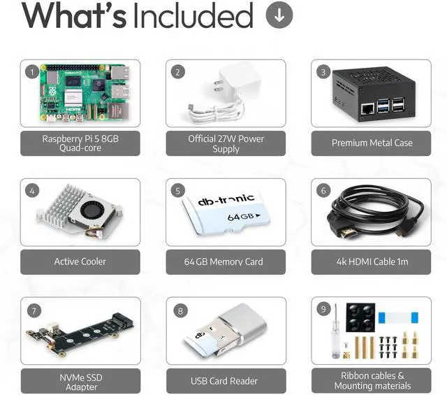 Alt view image 3 of 5 - Raspberry Pi 5 8GB PCIe M.2 NVMe - Set | Metal case | Active Cooler | M.2 NVMe SSD PCIe Board | Official USB-C 27W Power Supply | 64GB Edition | 4K Micro HDMI